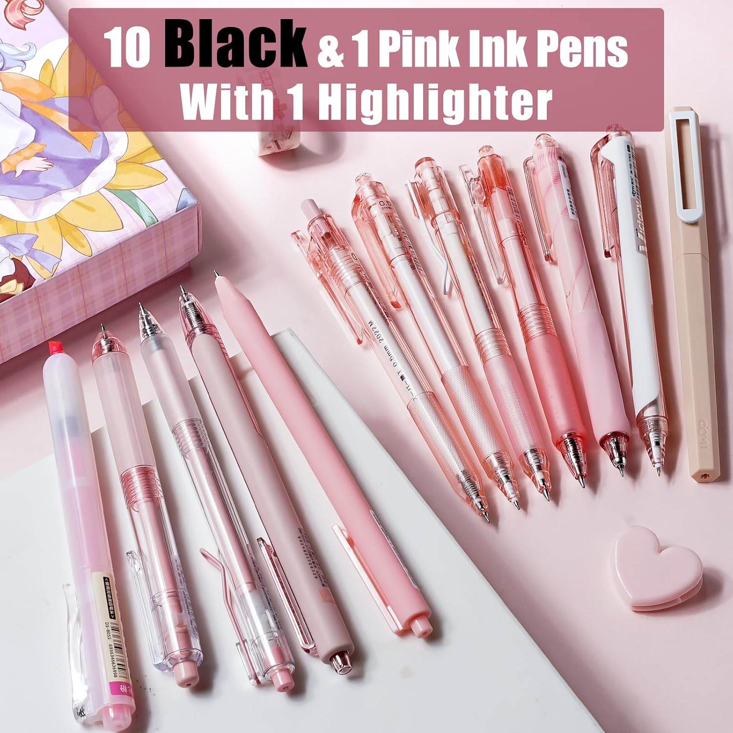 Four Candies Rose Series Gel Pens, Cute Writing Pens with Black & Pink Ink, 0.5 mm Smooth Fine Point, School Office Supplies Girly Stationery Aesthetic Desk Accessories for Women, Set of 12