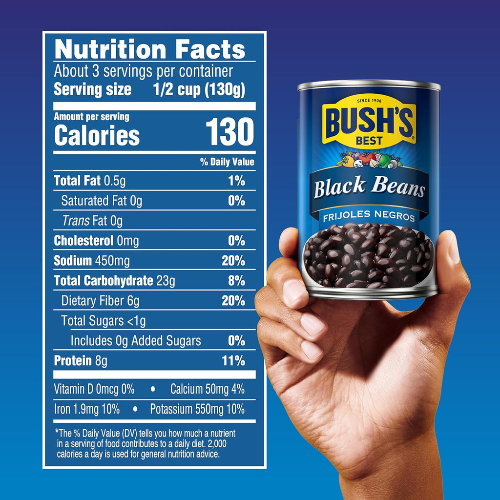 BUSH'S BEST 15 oz Canned Black Beans, Source of Plant Based Protein and Fiber, Low Fat, Gluten Free, (Pack of 12)
