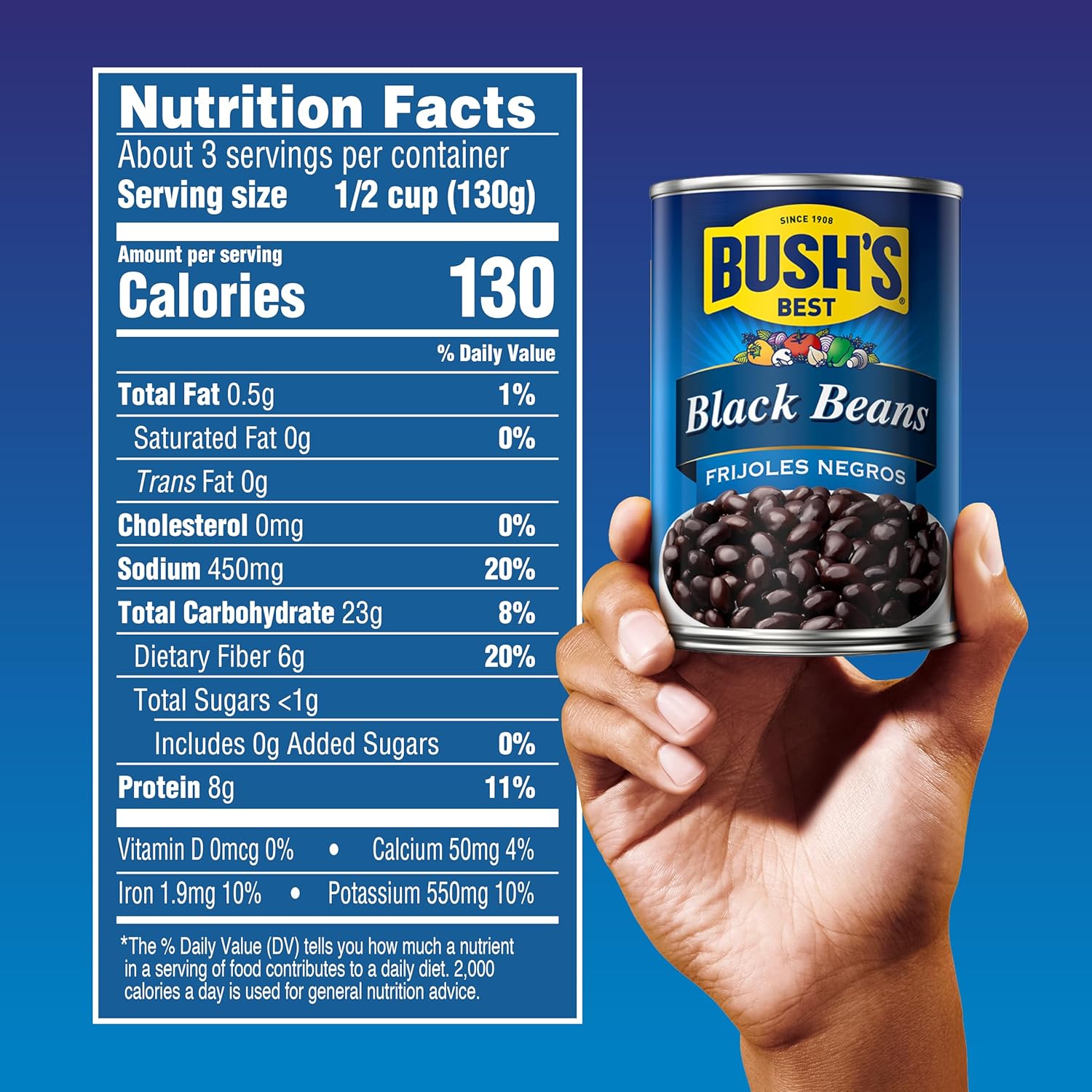 BUSH'S BEST 15 oz Canned Black Beans, Source of Plant Based Protein and Fiber, Low Fat, Gluten Free, (Pack of 12)