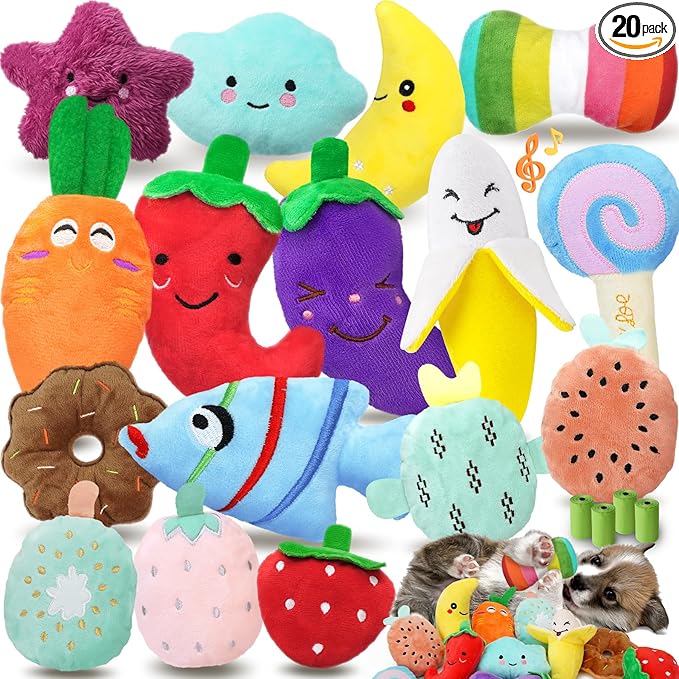 Cheerful 20-Pack Squeaky Dog Toys Set - Included 4 Dog Bags, Plush Puppy Toys with Irresistibly Cute Characters for Small Dogs, Interactive Dog Squeak Toys for Fun&Teeth Cleaning