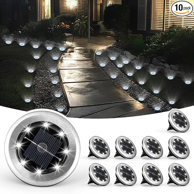 SOLPEX 10 Pack Small Solar Ground Lights, Pathway Lights Cool White | Stainless Steel Solar Powered Walkway Lights Waterproof, Landscape Lighting for Driveway, Garden, Backyard, Patio