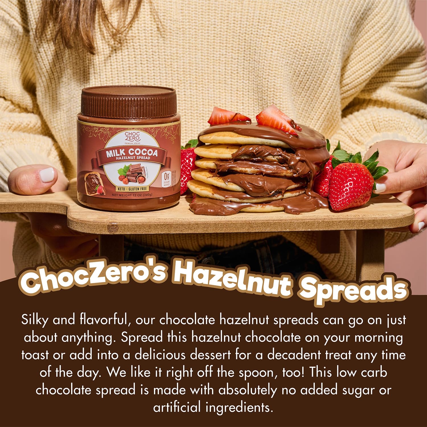 ChocZero Milk Chocolate Hazelnut Spread - No Added Sugar, Keto Friendly Low-Carb Chocolate Hazelnut Dessert & Bread Topping, Gluten Free, High Fiber, 12 oz Jar