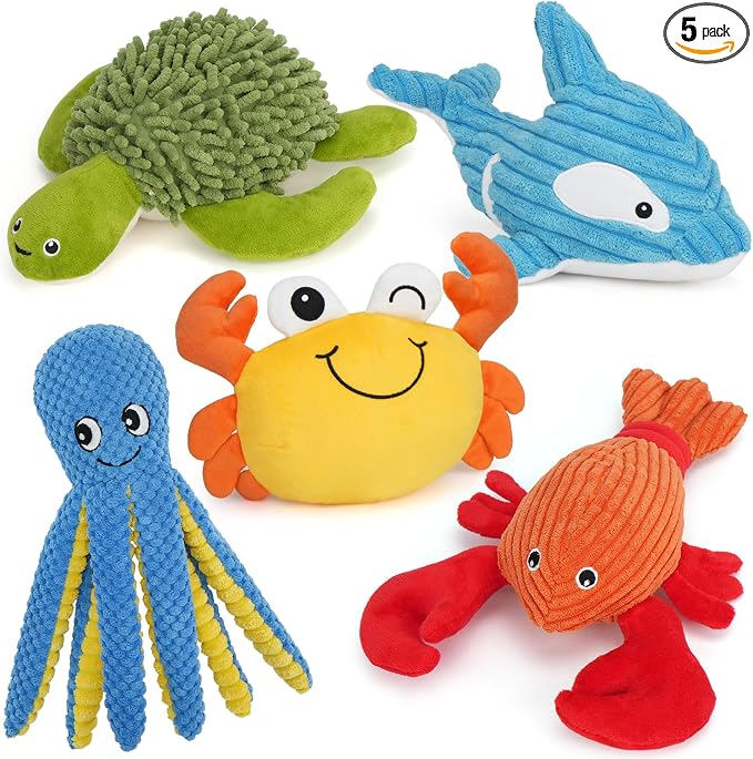 Pets Dog Toys, 5 Pack, Plush Crinkle Squeaky Dog Toys, Durable Stuffed Pet Toy for Small Medium Large Breeds, Puppy Chew Toy, Dog Birthday Gifts