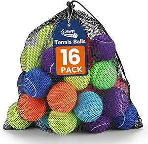 FURWEY Tennis Balls for Dogs 16 Pack,2.5 inches,Durable and Non-Toxic Dog Toys Balls with Mesh Bag,Colorful Fetch Toys Balls for pet Dog (Non Squeaky)