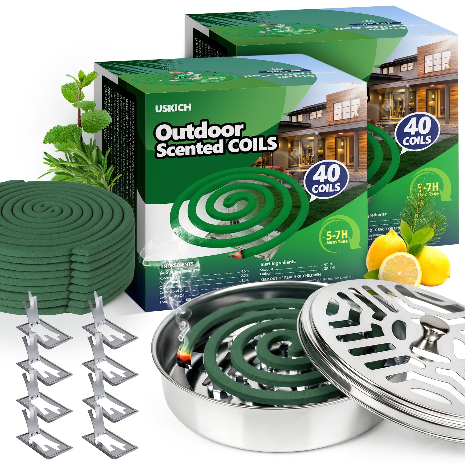 Natural Essential Oil Scented Coils for Outdoor Patio & Backyard, Fresh Long-Lasting Aroma, Each Coil Burns 5–7 Hours, Includes 80 Coils, 4 Holders & 8 Stands