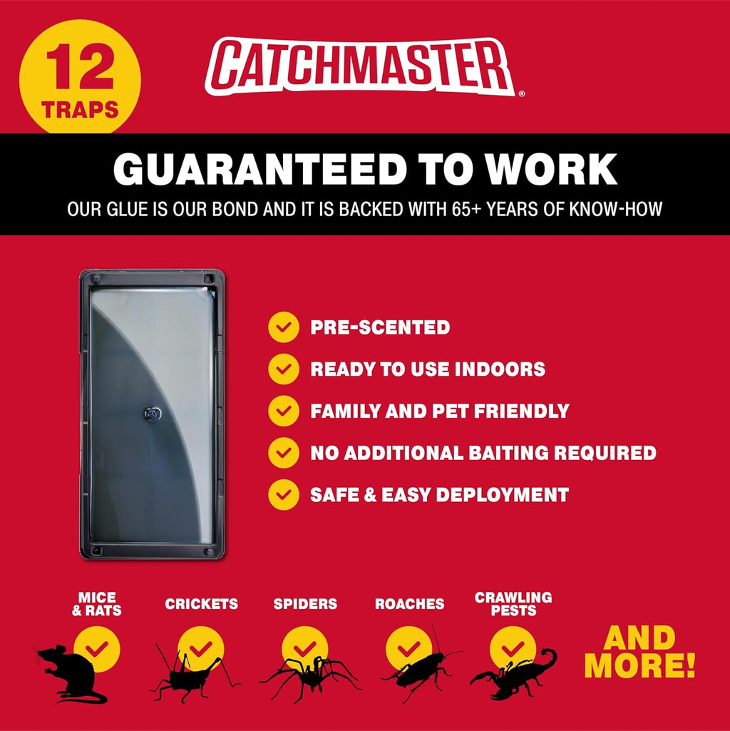 Catchmaster Rat, Snake and Mouse Traps 12Pk, Large Bulk Glue Rat Traps for Home, Adhesive Plastic Tray for Inside House, Snake, Mice, & Spider Catcher, Pest Control for House & Garage