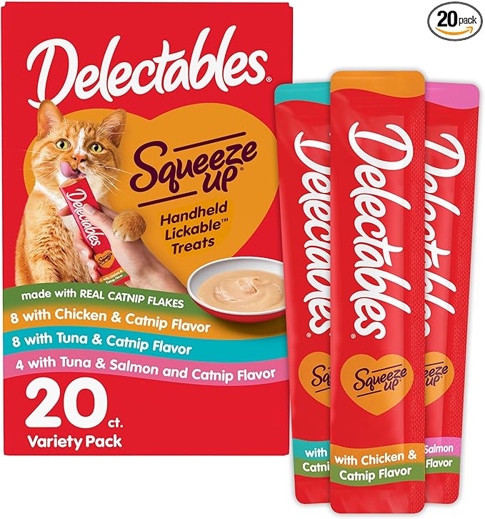 Delectables Squeeze Up Catnip Variety Pack, Creamy Squeezable Puree, Lickable Wet Cat Treats, Grain Free, No Added Fillers, No by-Products, No Added Preservatives, 0.5 Ounces Tube, 20 Tubes Total