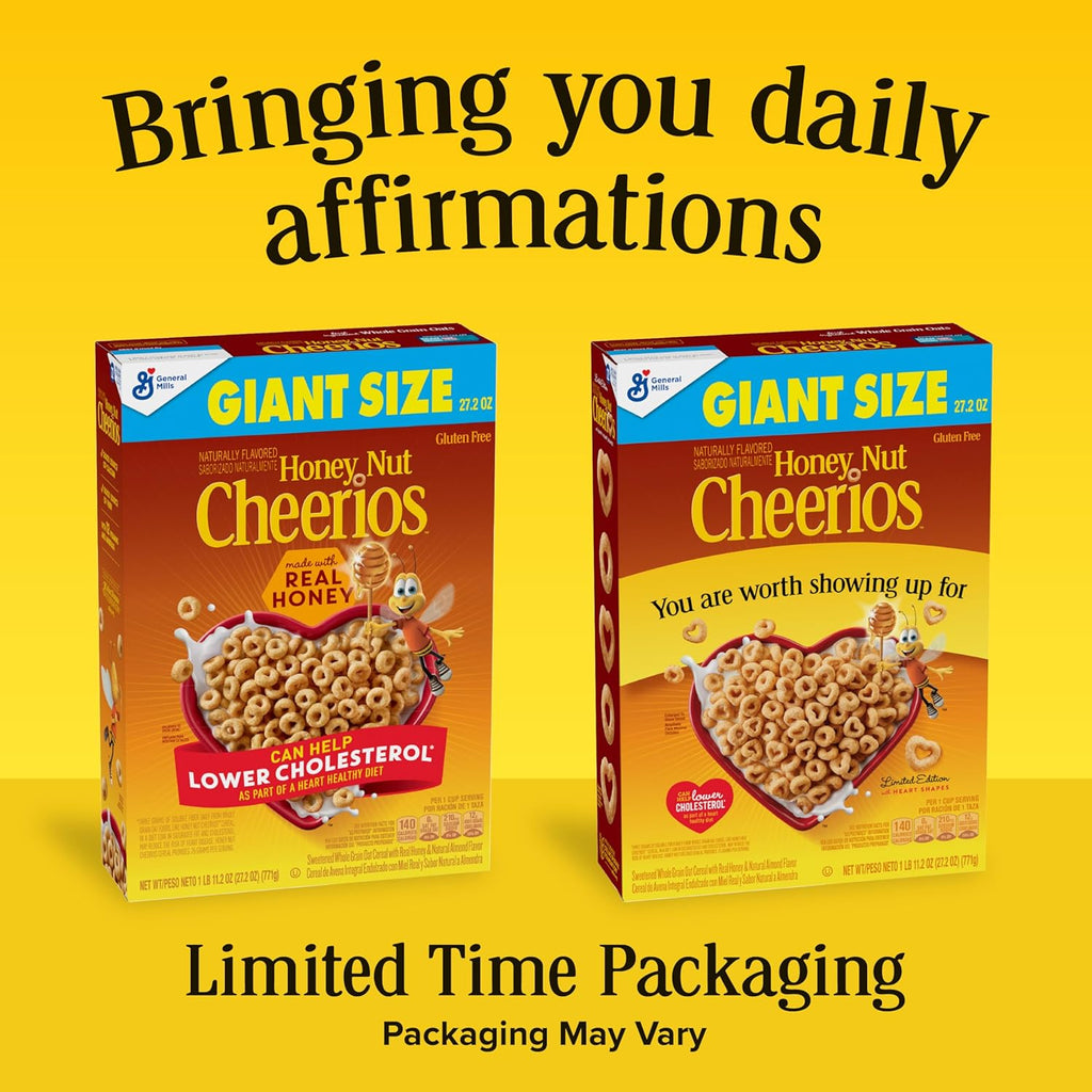 Honey Nut Cheerios Cereal, Limited Edition Heart Shapes, Affirmations Box, Heart Healthy, Gluten Free, Giant Size, 27.2 oz