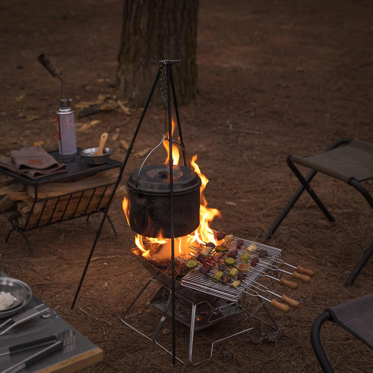 CAMPINGMOON Portable Stainless Steel Campfire Fire Pit Foldable Wood Burning Charcoal Grill for Camping Stove, Outdoor Cooking, Folding BBQ Grill 14-inch with Carry Bag MT-2