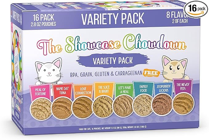 Weruva Slide N' Serve Paté Wet Cat Food, The Showcase Chowdown Variety Pack, 2.8oz Pouch, Pack of 16