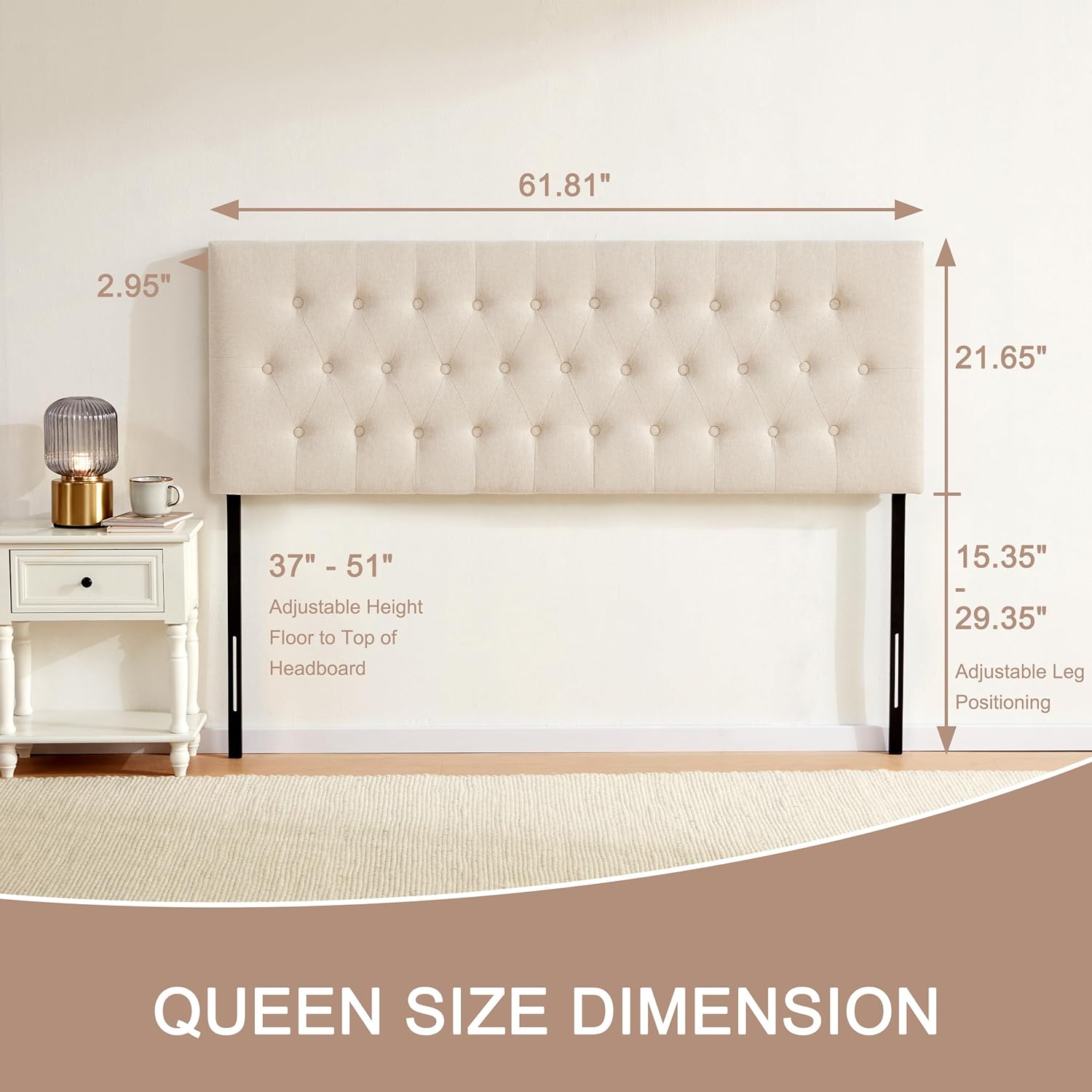 Tufted Upholstered Headboard Queen Size, Solid Wood Head Board with Durable Metal Legs, Adjustable Height Bed headboard from 37” to 51” Fabric Headboard in Modern Button Design, Beige