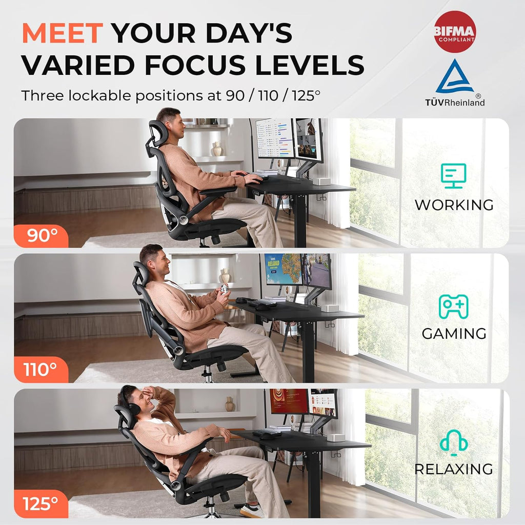 CAPOT Ergonomic Mesh Office Chair, Adjustable Lumbar High Back Desk Chair 400lbs, 4D Flip-up Arms, 3 Tilt Backrest, 3D Headrest, PU Wheels, Swivel Rolling Computer Chair for Long Desk Work - Black