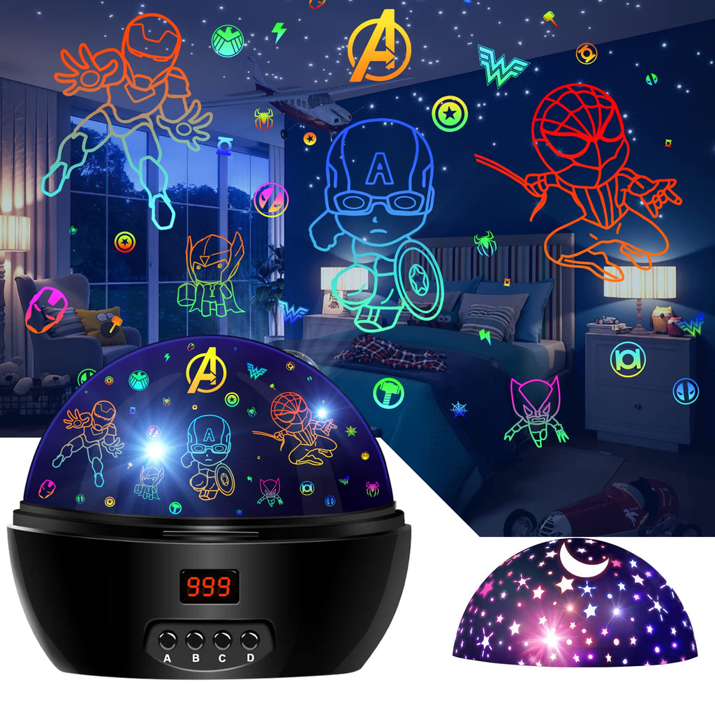MOKOQI Kid Light Projector Superhero Toys for Boys 5-7 Avengers Night Light Projector with Timer for Kids Room, 360 Degree Rotation Toddler Nightlights with Spiderman Figurine Star Lamps
