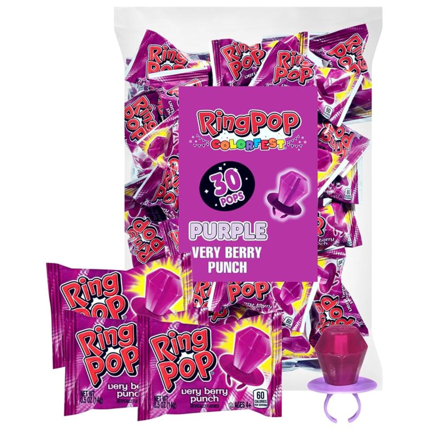 Ring Pop Purple Easter Candy Lollipops, 30Ct Bulk Individually Wrapped in Very Berry Punch Flavor, Full Size, Fun Hard Candy For Birthday Parties, Easter Basket Stuffers, Egg Fillers, Party Favors
