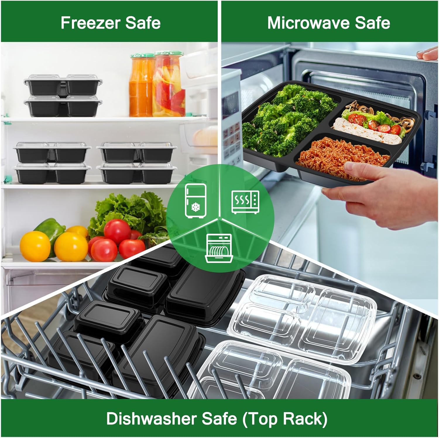 50 Pack (100-Piece) 32 oz Meal Prep Containers Reusable with Lids 3-Compartment, To Go Take Out Plastic Food Storage Containers, Sturdy Leakproof Food Safe, Microwave Freezer Dishwasher Safe, Black