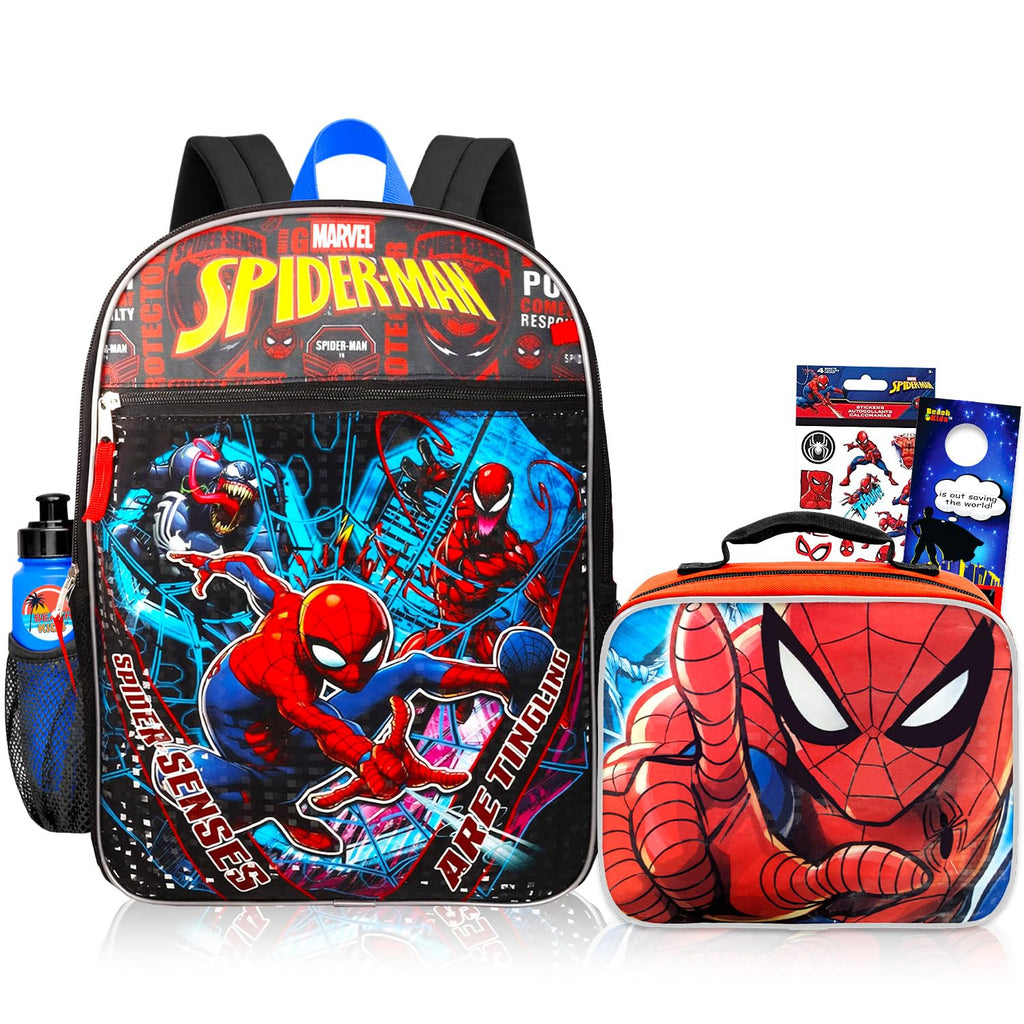 Marvel Spiderman Backpack with Lunch Box Set - Spiderman Backpack for Boys 4-6, Spiderman Lunch Box, Water Bottle, Stickers, More | Spiderman Backpack for Kids