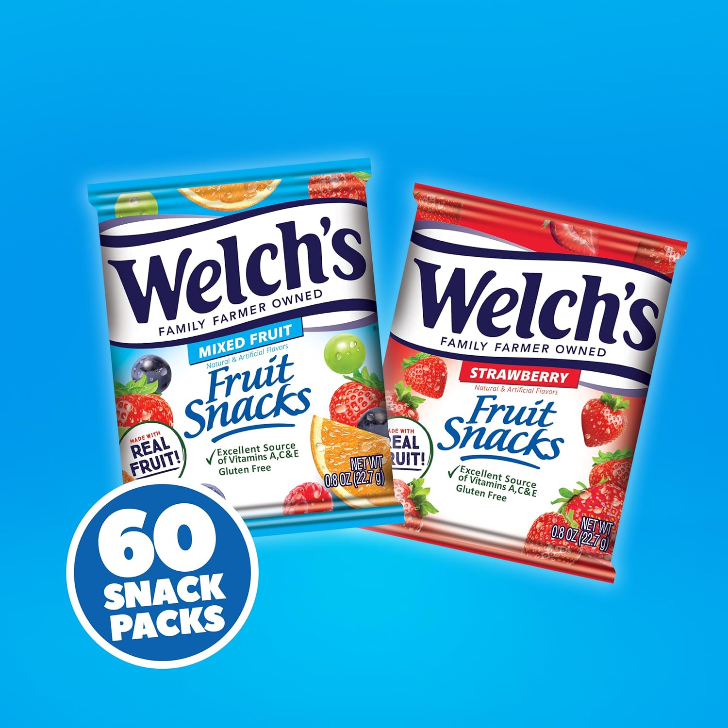 Welch's Fruit Snacks, Mixed Fruit & Strawberry Snack Box, Stocking Stuffers, 0.8oz Snack Packs (Pack of 60)