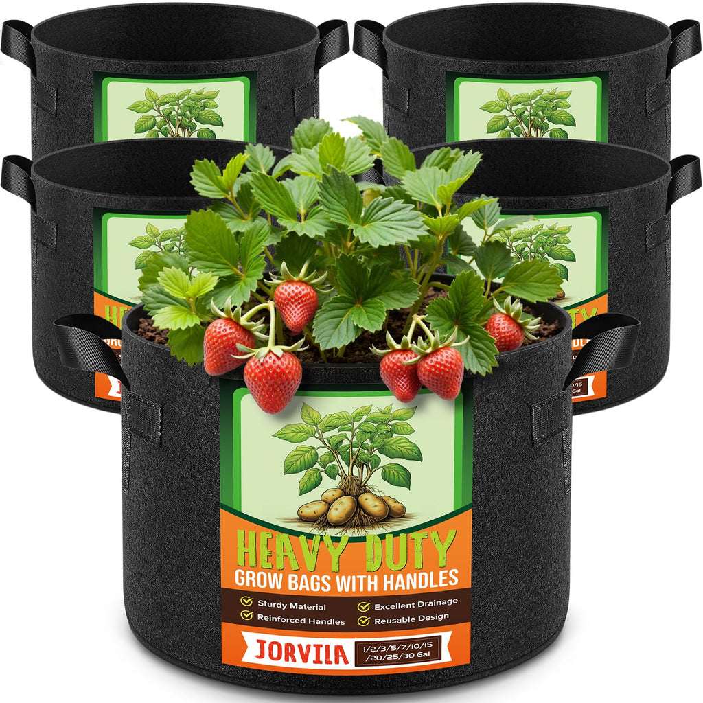 Jorvila 5-Pack 5 Gallon Grow Bags | Thickened Nonwoven Fabric Pots, Garden Grow Bags with Handles, Heavy Duty 300G Outdoor Planters