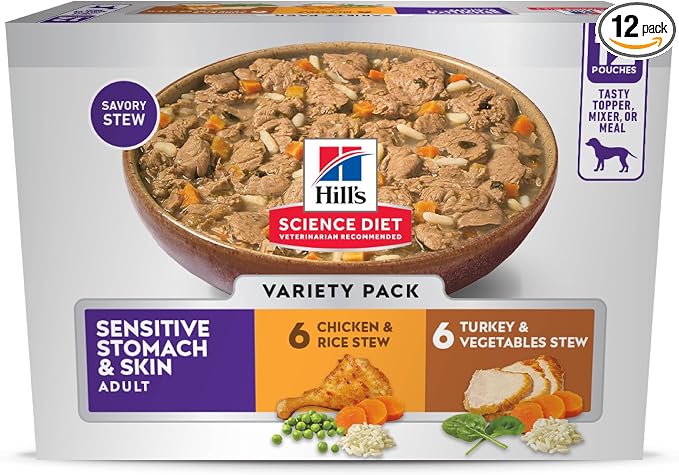 Hill's Science Diet Sensitive Stomach & Skin, Adult 1-6, Stomach & Skin Sensitivity Support, Wet Dog Food, Variety Pack: Chicken, Turkey Stew, 2.8 oz Pouch, Case of 12