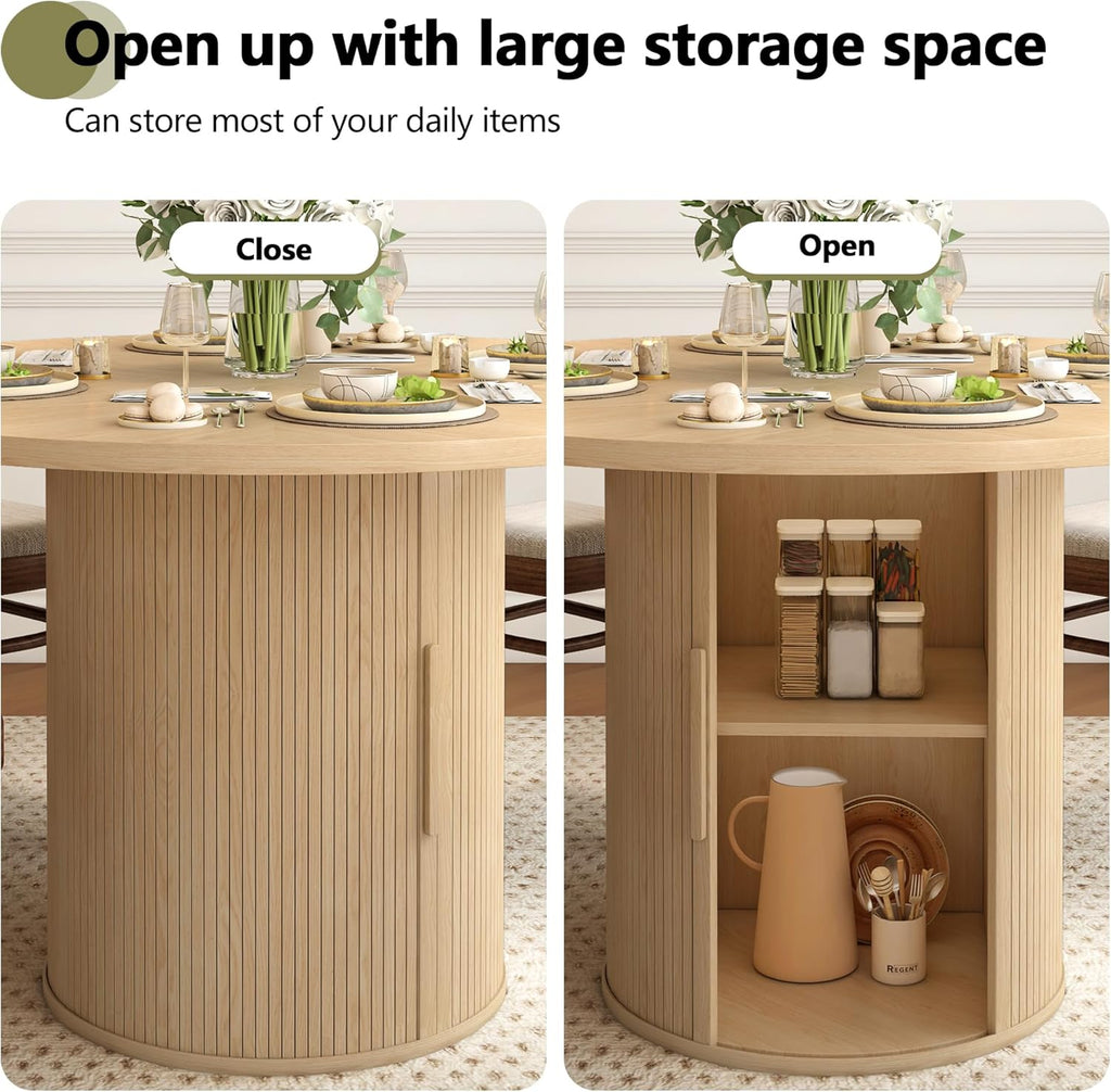 47 inch Round Dining Table for 4, Kitchen Table Dinner Table with 2-Layer Storage Shelf and Wood Slide Door for Home Dining Room Living Room (Natural)