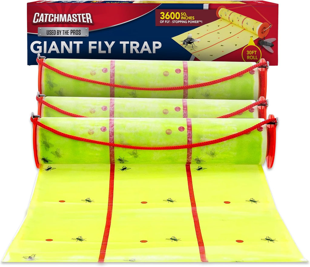 Catchmaster Giant Fly Glue Trap 3-Pack 30 Feet Each, Adhesive Fly Traps Outdoor, Sticky Bug Catcher, Bulk Flying Insect Paper Roll, Pet Safe Pest Control for Garage, Barn, Greenhouse & Garbage Room