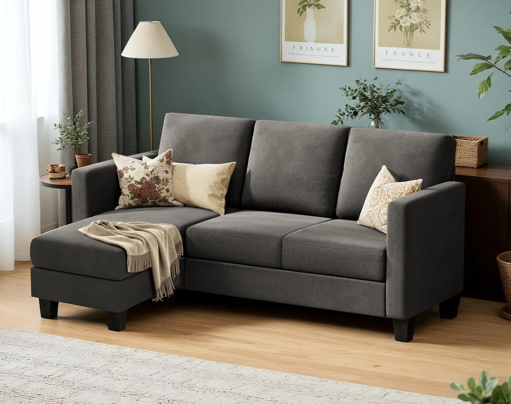 VICTONE Convertible Sectional Sofa Couch, 3 Seat L-Shaped Sofa with Linen Fabric Ottoman Small Couch for Small Apartments, Living Room and Office (Linen Fabric, Dark Gray)