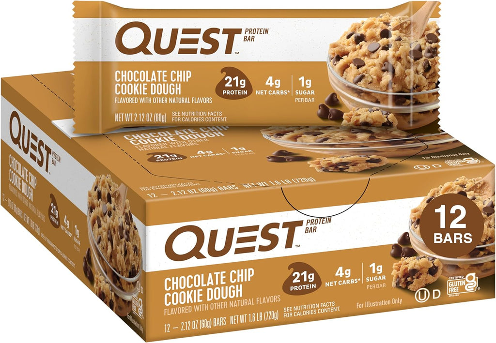 Quest Nutrition Chocolate Chip Dough Cookie Protein Bars, 21g Protein, 1g Sugar, 4g Net Carb, High Fiber, Gluten Free, Keto Friendy, 12 Count