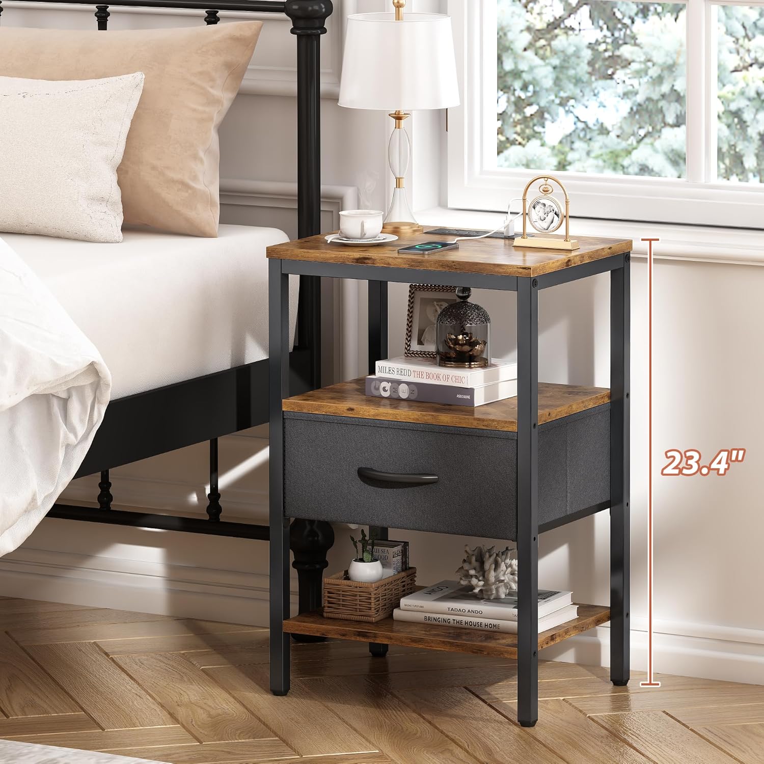 SUPERJARE Nightstand with Charging Station, Bed Side Table with Adjustable Fabric Drawer, Night Stand for Bedroom, 3-Tier Storage End Table, for Living Room, Rustic Brown and Black