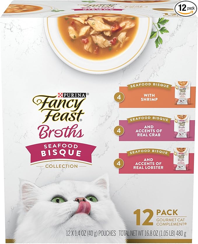 Purina Fancy Feast Broth Seafood Bisque Complement Variety Pack Gourmet Grain-Free Lickable Cat Food Topper, Pack of 12, 1.4 oz. Pouches