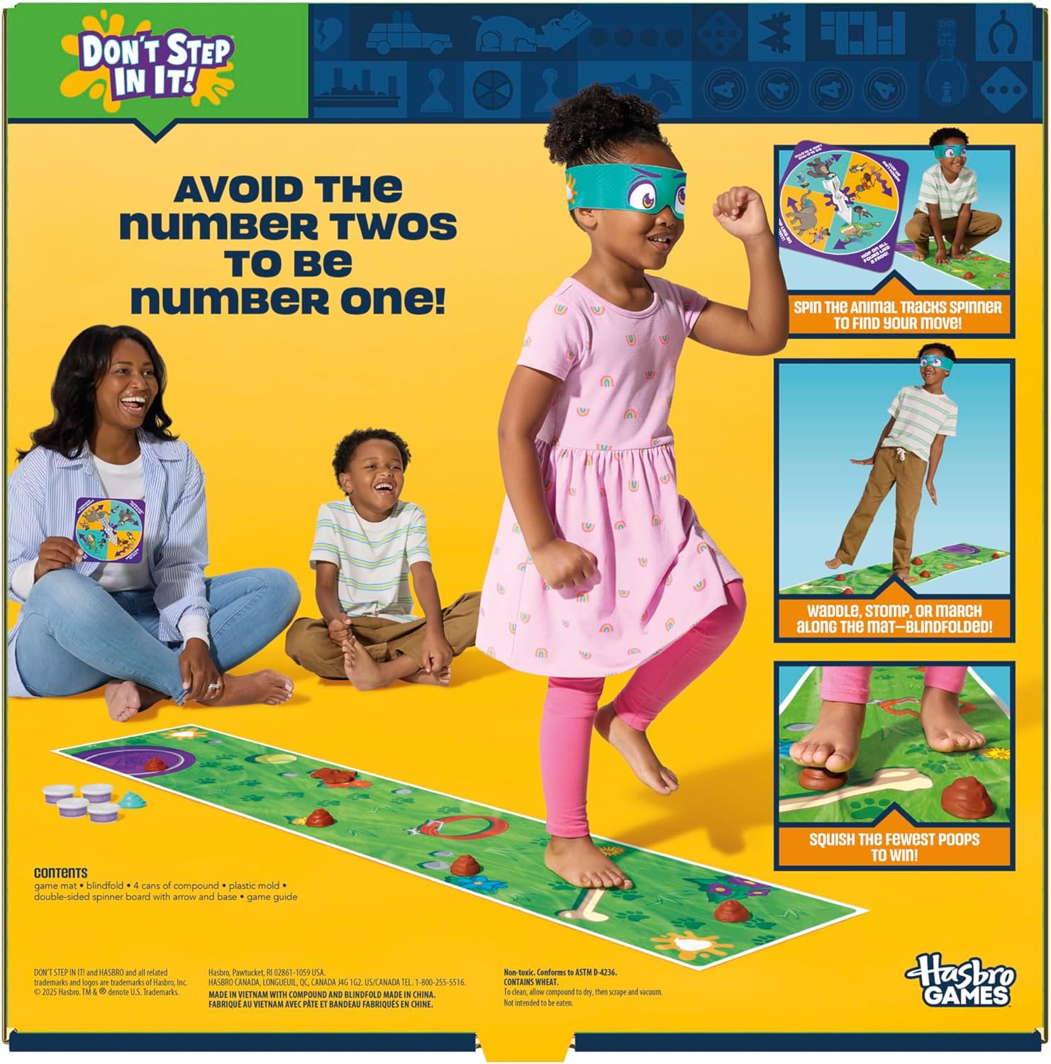 Hasbro Gaming Don't Step in It! Preschool Game I Blindfolded, Poop Party Game | Spinner with 8 Fun Animal Moves | Ages 4+| 1+ Players I Funny Kids Board Games