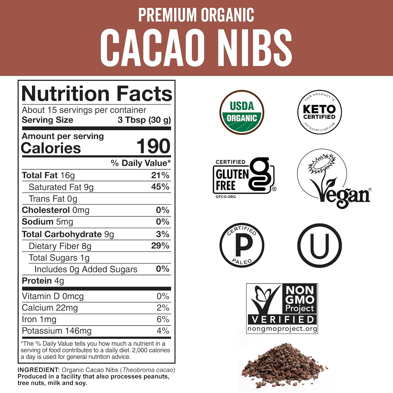 Viva Naturals Organic Cacao Nibs, Unsweetened, 1 LB (454 g), Keto Friendly, Vegan, Non-GMO, Gluten-Free Chocolate Chip Substitute