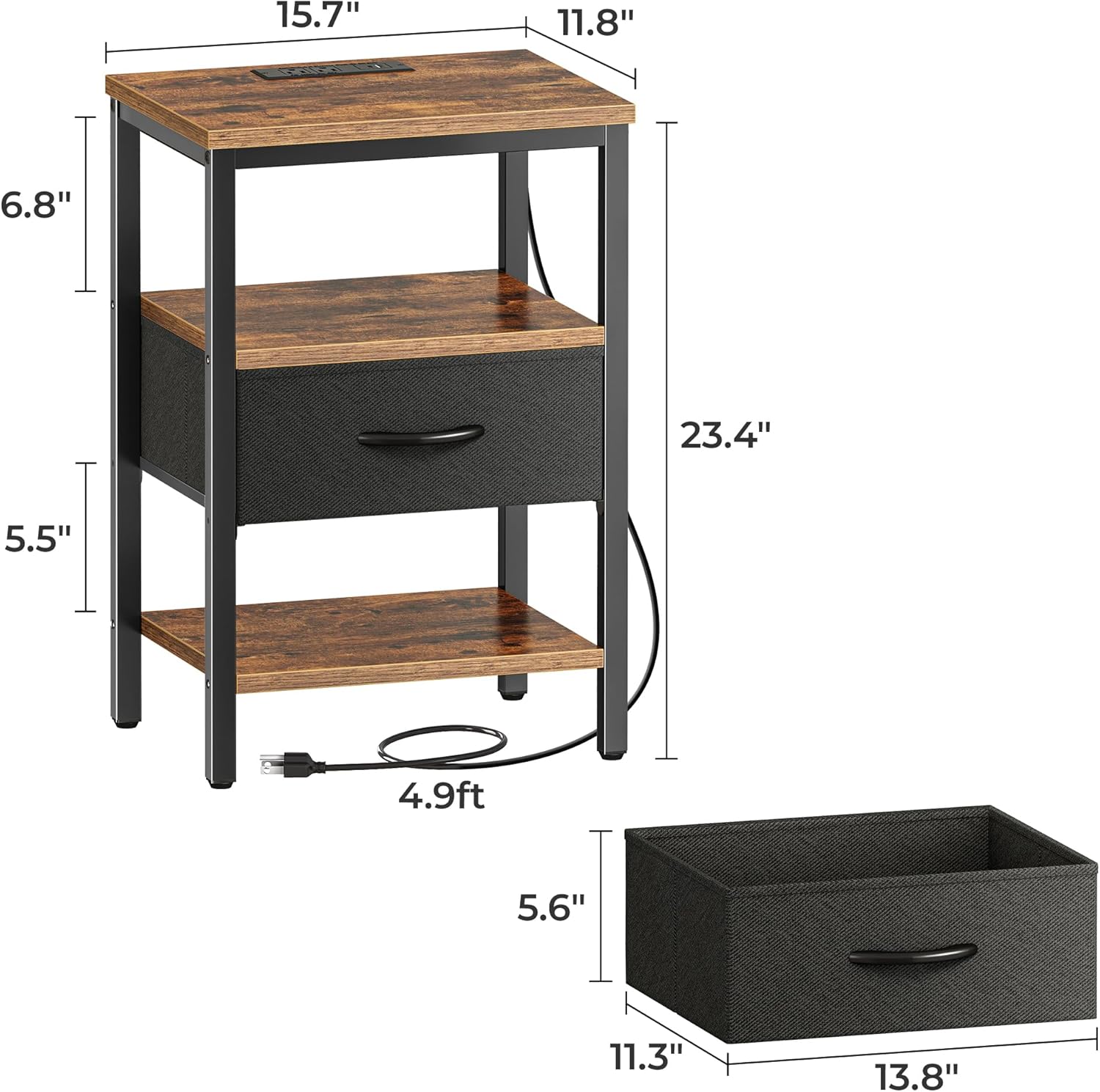 SUPERJARE Nightstand with Charging Station, Bed Side Table with Adjustable Fabric Drawer, Night Stand for Bedroom, 3-Tier Storage End Table, for Living Room, Rustic Brown and Black