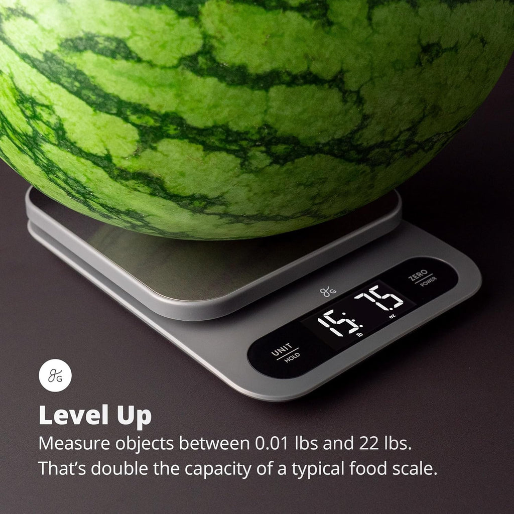 Greater Goods Digital Food Scale for Kitchen & Baking, 10kg/22lb High-Capacity Weight Scale with 1g Precision, Stainless Steel Platform, Hi-Def LCD, Ideal for Bread, Sourdough & Bulk Cooking