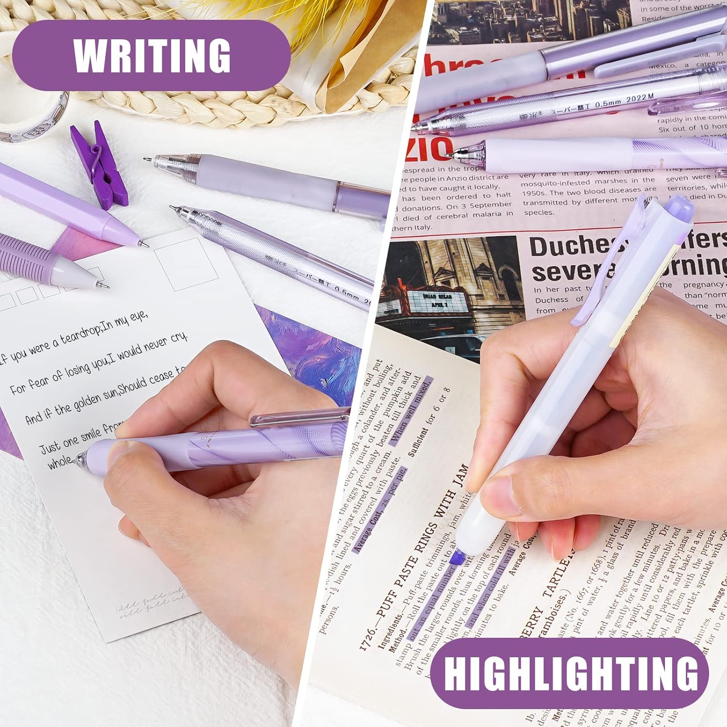 Four Candies Lavender Series Gel Pens, Black & Purple Ink Writing Pens with 0.5 mm Smooth Fine Point, School Office Stationery Supplies Desk Accessories Stocking Stuffers Gifts for Women, Set of 12