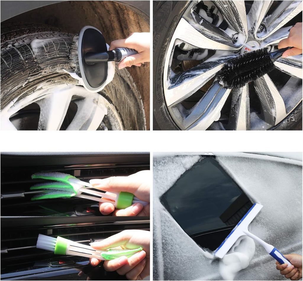 AUTODECO 22Pcs Car Wash Cleaning Tools Kit Car Detailing Set with Blue Canvas Bag Collapsible Bucket Wash Mitt Sponge Towels Tire Brush Window Scraper Duster Complete Interior Car Care Kit
