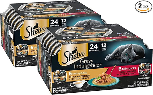 Sheba Gravy Indulgence Adult Wet Cat Food Beef and Chicken Entree in Extra Gravy Variety Pack, 2.6 oz. Twin-Pack Trays (12 Count, 24 Servings) (Pack of 2)