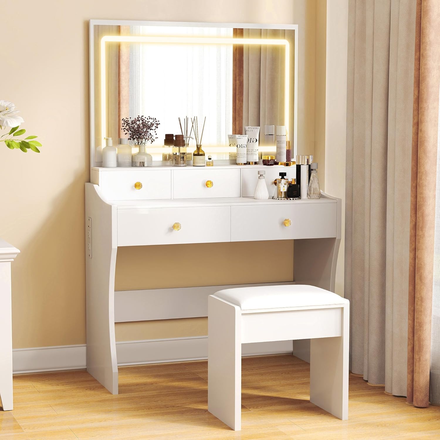 COMHOMA Makeup Vanity Desk with Mirror and Lights, Vanity Table and Chair Set with 5 Drawers and Charging Station, Bedroom Dresser LED Mirror Stepless Dimmable & 3 Color Modes Adjustable, White