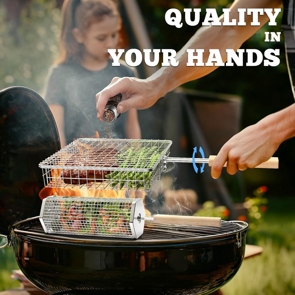 Grill Basket Set, Removable Wooden Handle, 304 Stainless Steel, Rolling BBQ Tools, Smoker Grilling Accessories for Vegetable Fish, Outdoor Cooking Camping, Birthday Gifts for Men Dad Husband