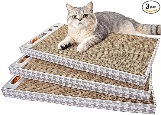 Cat Scratching Board 3 Pack – Reversible Cardboard Scratcher for Indoor Cats, Wide Boxed Scratch Pads with Bell Ball, Durable Corrugated scratchers as Furniture Protector