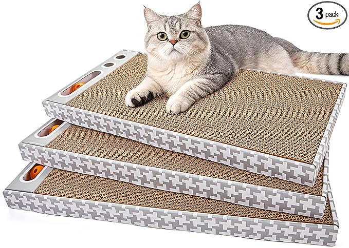 Cat Scratching Board 3 Pack – Reversible Cardboard Scratcher for Indoor Cats, Wide Boxed Scratch Pads with Bell Ball, Durable Corrugated scratchers as Furniture Protector