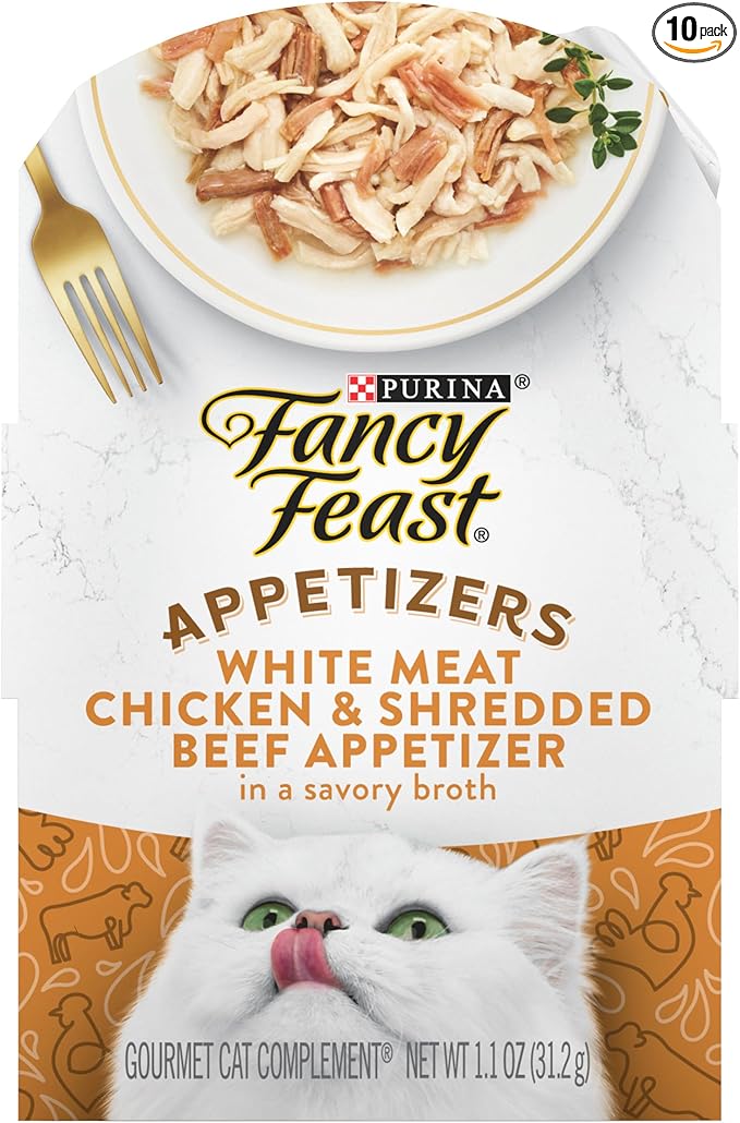 Purina Fancy Feast Appetizers Lickable Grain Free Cat Food Topper White Meat Chicken and Shredded Beef Appetizer - (Pack of 10) 1.1 oz. Trays