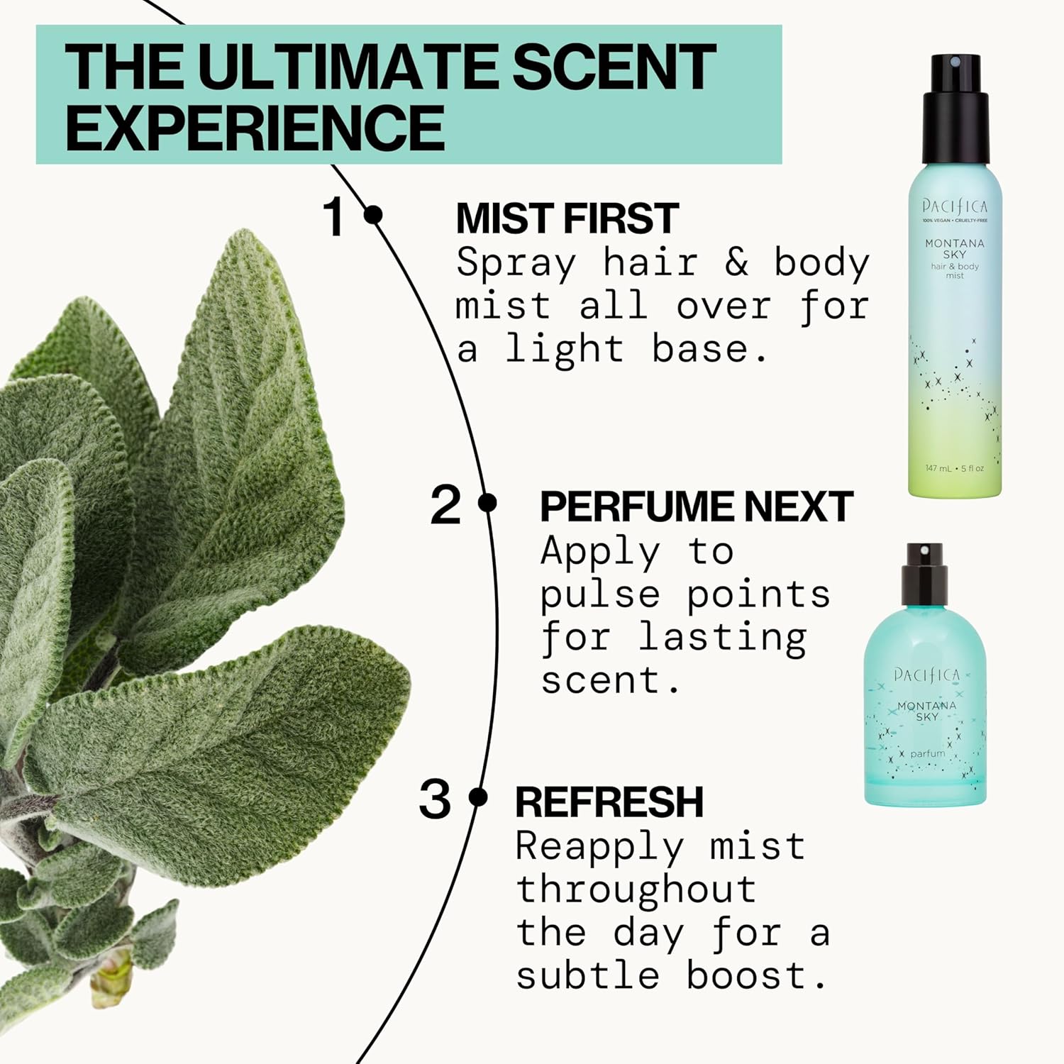 Pacifica Hair Mist Perfume & Full Body Spray for Women - Montana Sky Body Mist Fragrance w/Cedarwood, Elderflower, Black Pepper, Sage & Sandalwood Clean Beauty Alcohol-Free, Vegan & Cruelty-Free 5 oz - Cart Shape
