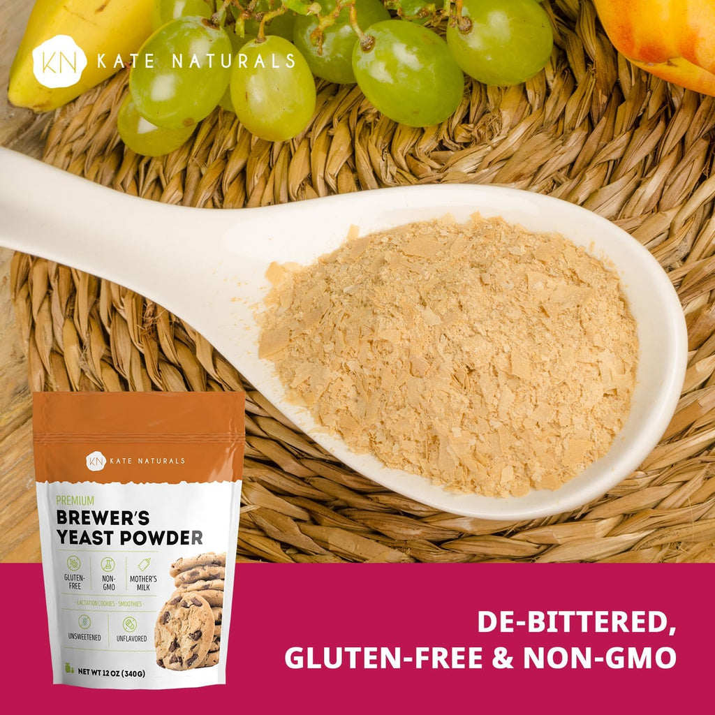 Kate Naturals Brewers Yeast Powder for Lactation Support & Nursing Moms. Debittered Brewer's Yeast for Lactation Cookies & Lactation Supplement (12oz, Gluten Free, Non-GMO)