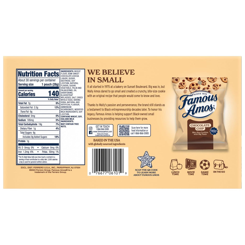 Famous Amos Original Recipe Chocolate Chip Bite-Size Cookies, 30 Pack Box, 30 oz