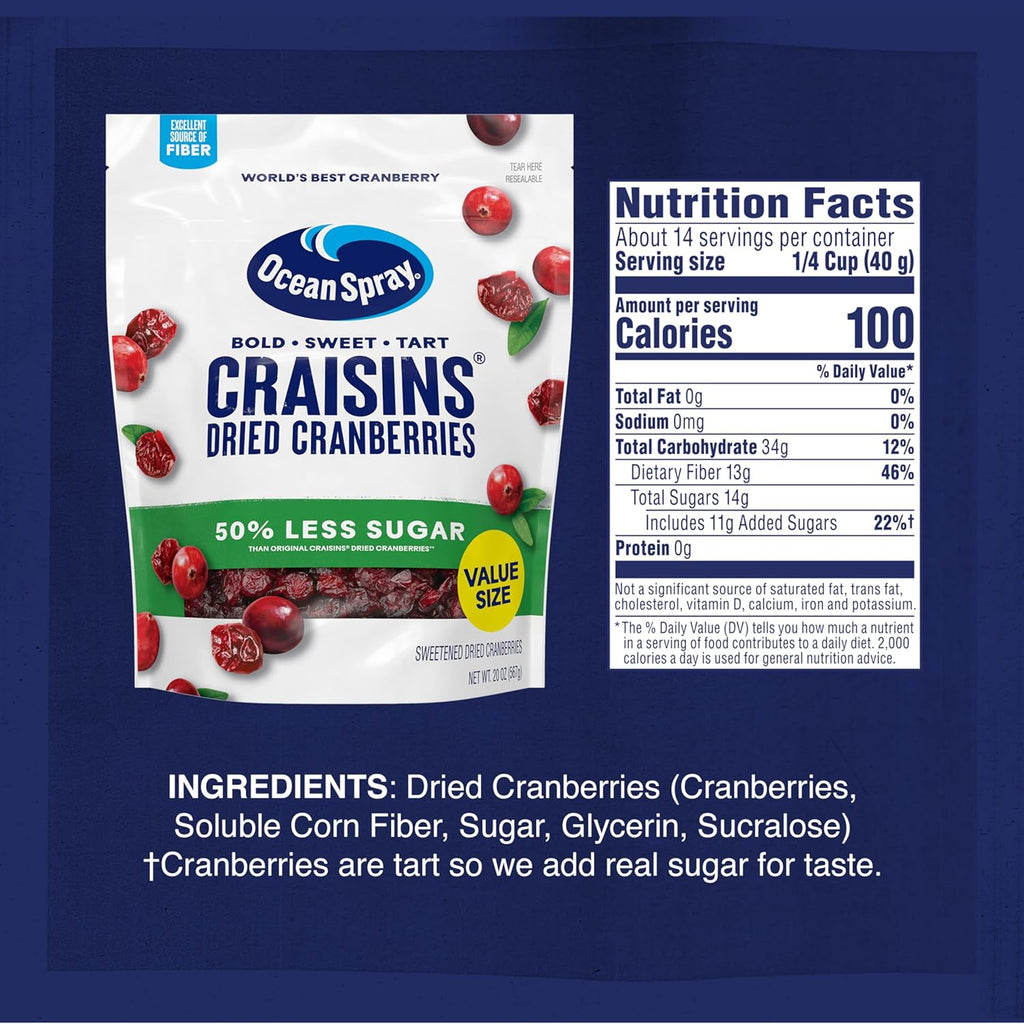 Ocean Spray® Craisins®, 50% Less Sugar Dried Cranberries, Dried Fruit, 20 Oz Pouch