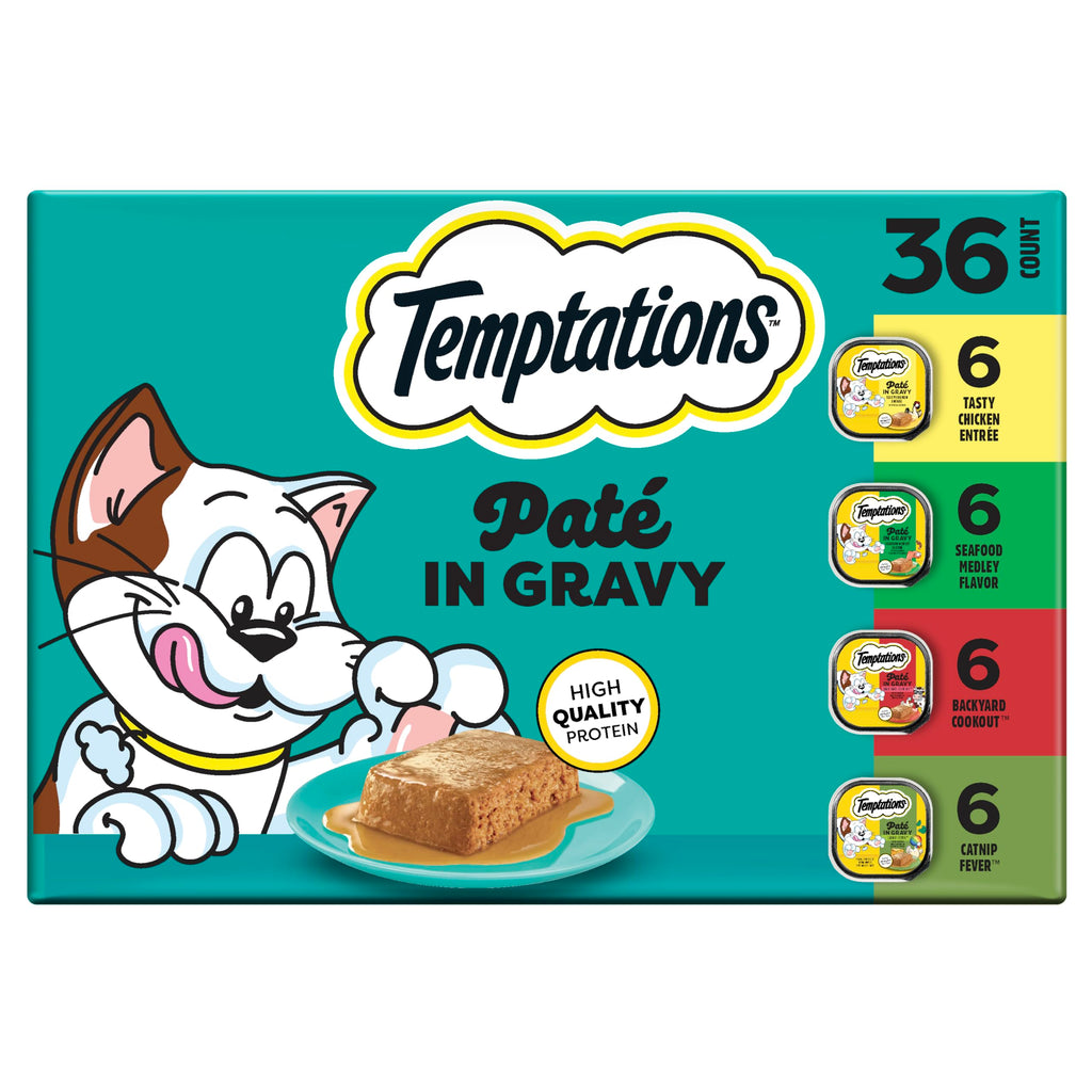 Temptations Pate in Gravy Adult Wet Cat Food Tasty Chicken Entree, Seafood Medley, Backyard Cookout, and Catnip Fever, 3.5 oz. Trays (36 Count, Pack of 1)