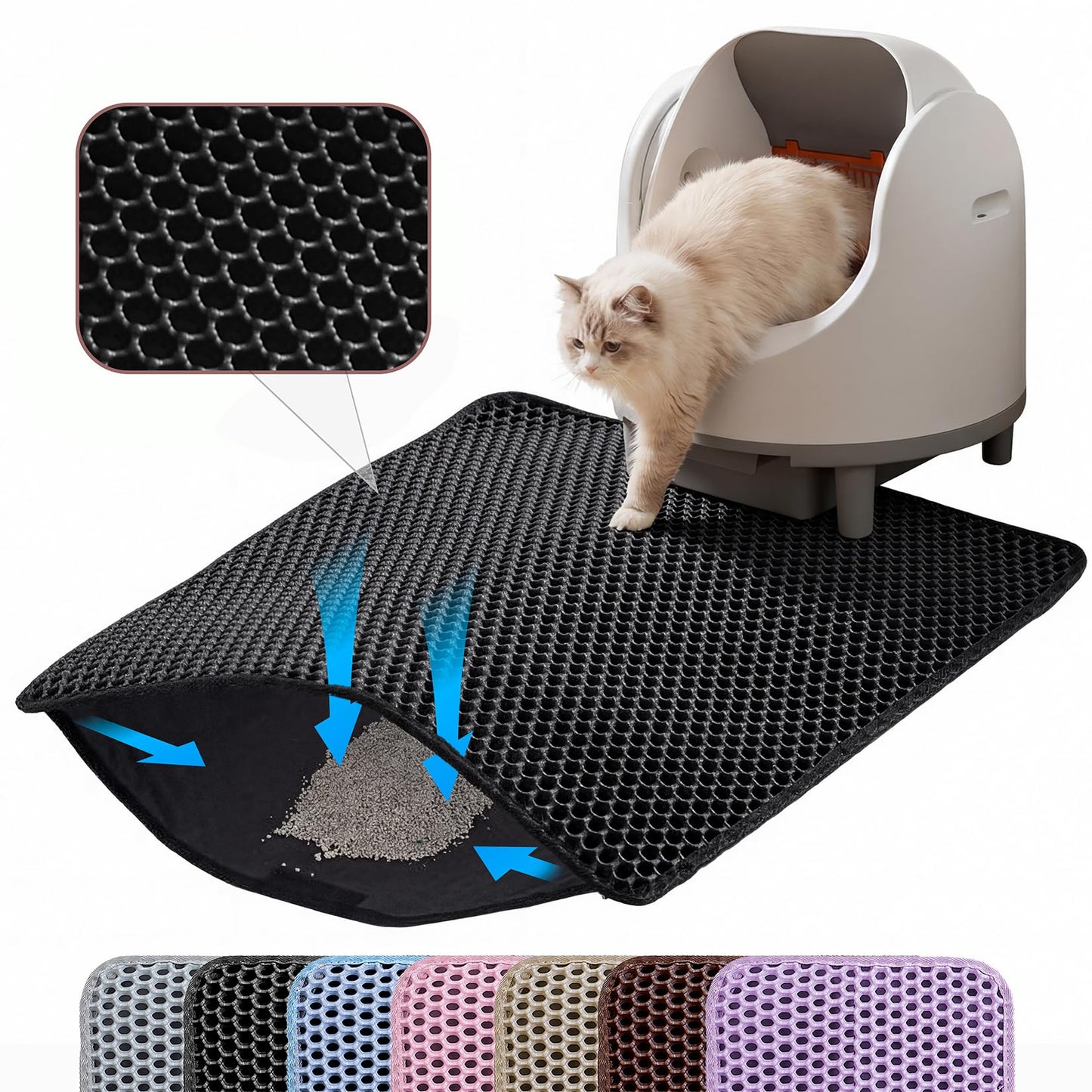 Cat Litter Mat, 24x18 Inches Large Double Layer Honeycomb Cat Litter Trapping Mat, Non Slip Waterproof Urine Proof Cat Litter Box Mat for Floor, Kitty Litter Rug, Cat Supplies, Black