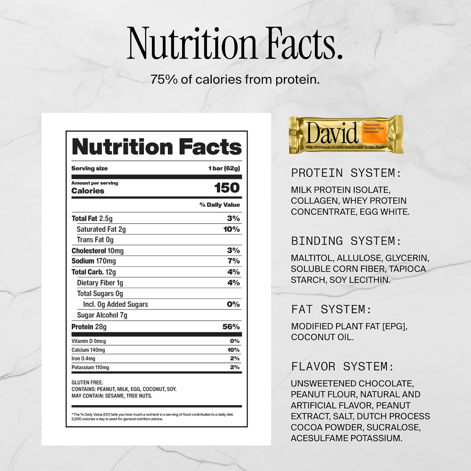 David High Protein Bars No Sugar - Sugar Free Protein Bars, Low Carb, Gluten Free - 28g of Protein, 150 Calories - David Bar On-The-Go Snack - Peanut Butter Chocolate Chunk Flavor, Pack of 12