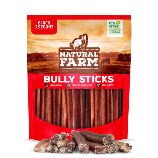 Natural Farm Odor-Free Bully Sticks (6 Inch, 25 count),1.3 lb. Bag, Fully Digestible 100% Beef Pizzle Chews,Grass-Fed, Non-GMO,Grain-Free, Natural Long-Lasting Chews for Small & Large Dogs. Pack of 25