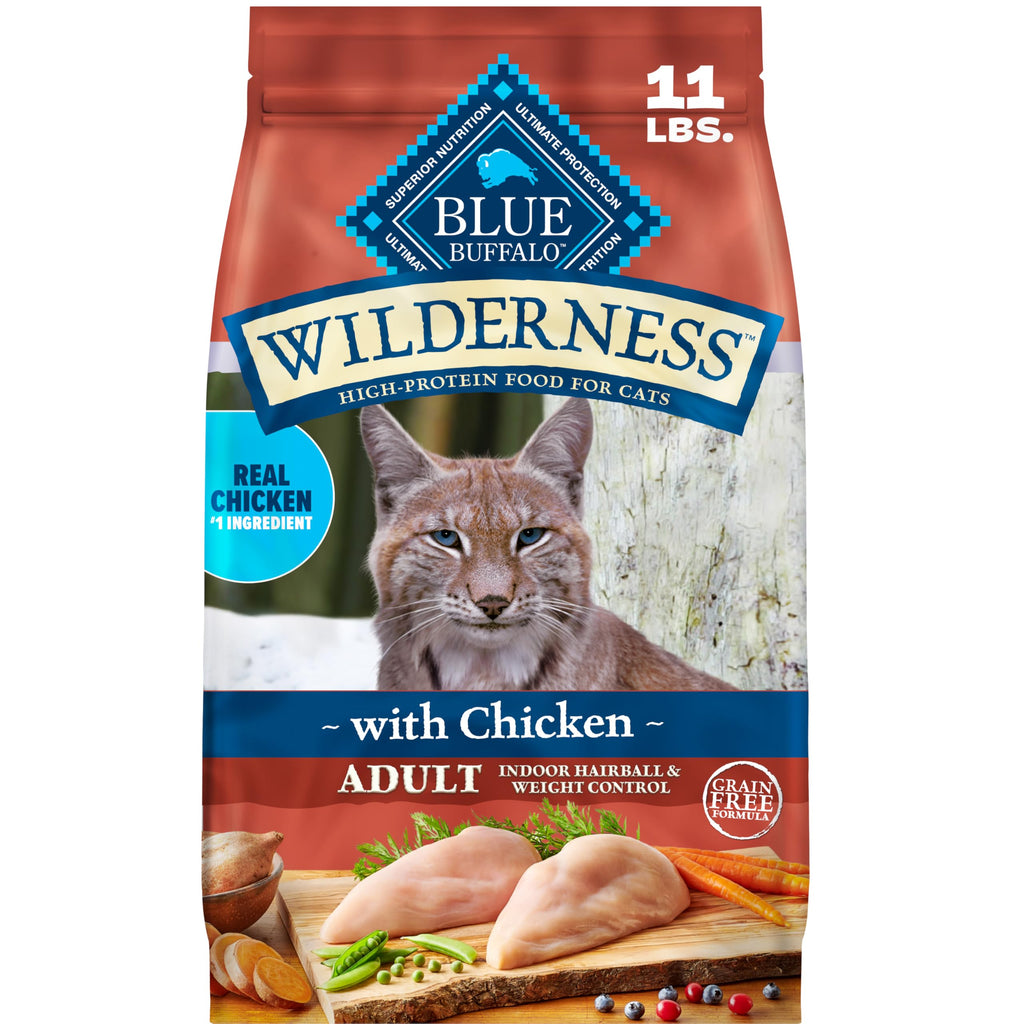 Blue Buffalo Wilderness Chicken Natural High-Protein Grain-Free Dry Food Hairball & Weight Control for Adult Indoor Cats, Real Chicken First, Antioxidant-Rich LifeSource Bits Support Immunity, 11 lbs.